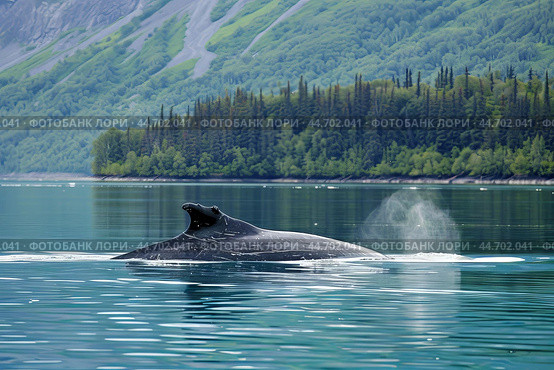 Humpback whale surfacing and blowing water near forest coastline. Стоковое AI-изображение, AI-художник Иван Рябоконь / Фотобанк Лори