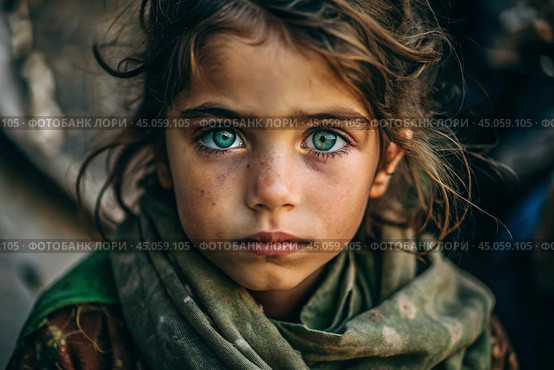 Hunger, poverty. Portrait of a beautiful dirty beggar girl with expressive blue eyes. A hungry, poor little kid is looking at the camera. Стоковое AI-изображение, AI-художник Photojuli / Фотобанк Лори