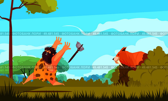 Hunting in stone age colorful poster with prehistoric man running from big animal  cartoon vector illustration. Hunting In Stone Age. Стоковая иллюстрация, агентство Ingram Publishing / Фотобанк Лори
