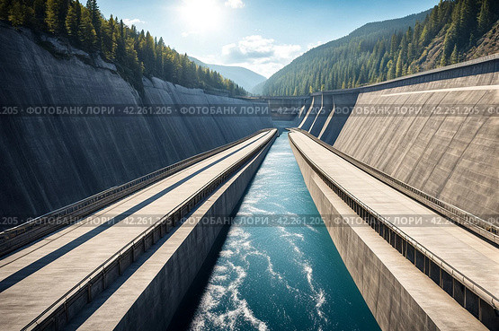 Hydroelectric power station in Foz do Iguazu Brazil, border Paraguay. View of roadway modern giant dam on Parana river, South America. Hydro electrification concept. Copy text space. Стоковое AI-изображение, AI-художник Aleksandr Golubev / Фотобанк Лори