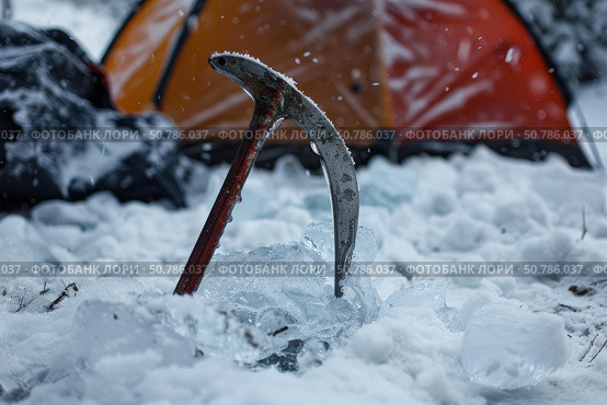 Ice axe and tent in snowy winter camping scene. Стоковое AI-изображение, AI-художник Иван Рябоконь / Фотобанк Лори