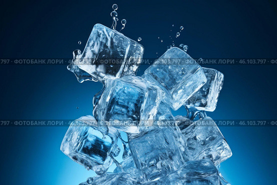Ice cubes splashing with water on blue background. Стоковое AI-изображение, AI-художник Иван Рябоконь / Фотобанк Лори