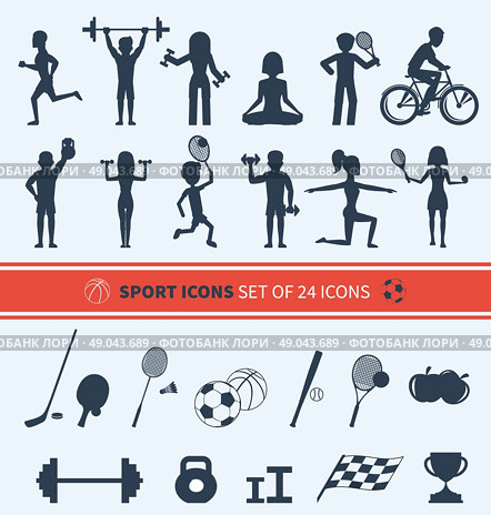 Icons set of man and woman doing warm-up and exercises with kettlebell, barbell and dumbbells. People jogging, practising yoga, playing basketball and tennis black icons. Стоковая иллюстрация, агентство Ingram Publishing / Фотобанк Лори