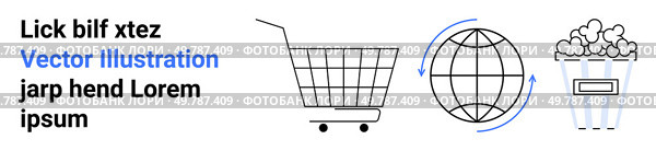 Ideal for showcasing business ideas or marketing strategies with a focus on e-commerce, global network, and entertainment. Features a shopping cart, globe, and popcorn. Banner for landing page. Modern Concepts Shopping, Global Connectivity, and Entertainment Imagery. Стоковая иллюстрация, агентство Ingram Publishing / Фотобанк Лори