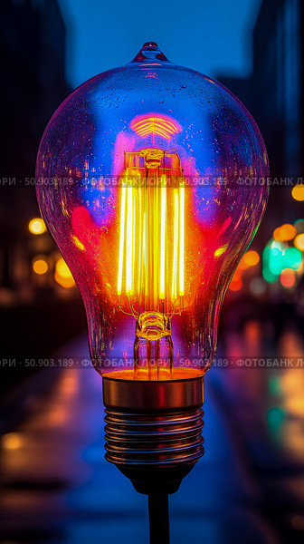 Illuminated filament lightbulb with vivid glass casing casting vibrant glow in urban nightscape. Стоковое AI-изображение, AI-художник Данила Большаков / Фотобанк Лори