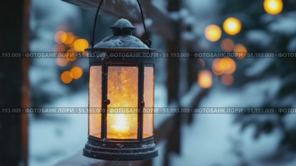 Illuminated lantern glowing warmly in snowy landscape with blurred lights creating a cozy atmosphere. Стоковое AI-видео, аниматор Данил Руденко / Фотобанк Лори