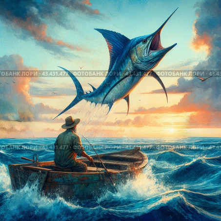 Illustration for 'The Old Man and the Sea', weathered old fisherman in small boat, vast blue ocean, giant marlin jumping out of water, dramatic sunset sky, Cuban coast in far background, watercolor style, book cover art, highly detailed, vibrant colors. Стоковое AI-изображение, AI-художник Сергей Расторгуев / Фотобанк Лори