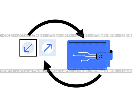 Illustration of a wallet with circuit design and two-way arrows. Great for concepts of digital transactions, cryptocurrency exchanges, financial technology, blockchain, and fintech branding.. Wallet with circuit design and two-way arrow. Concept of digital transactions and cryptocurrency exchanges. Стоковая иллюстрация, агентство Ingram Publishing / Фотобанк Лори