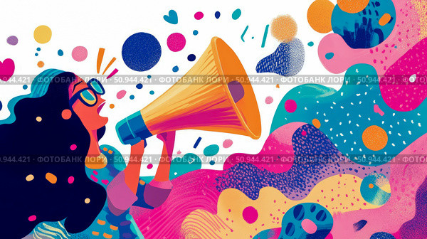 Illustration of a woman shouting into a megaphone for social advocacy. Стоковое AI-изображение, AI-художник Данила Большаков / Фотобанк Лори