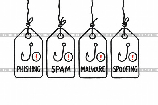 Illustration of Cybersecurity Threats: Phishing, Spam, Malware, and Spoofing Tags Highlighting Common Online Risks in Digital Safety. Стоковое AI-изображение, AI-художник Башкирова Анна / Фотобанк Лори