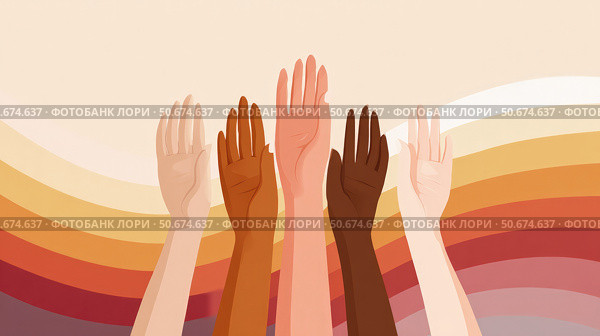 Illustration of diverse hands raised in unity against a warm, retro-colored background, symbolizing inclusion, equality, and community support. Стоковое AI-изображение, AI-художник Катерина Бондарец / Фотобанк Лори