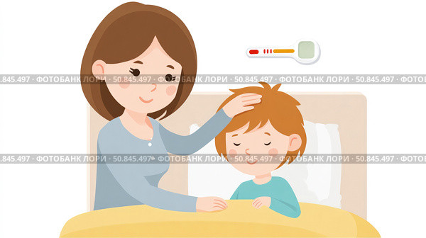 Illustration of mother caring for sick child in bed with thermometer, showing love, comfort, health check, and family support during illness. Стоковое AI-изображение, AI-художник Катерина Бондарец / Фотобанк Лори