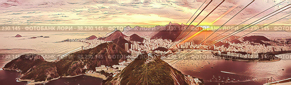 Illustration. Panorama of Rio de Janeiro, bird's-eye View of Rio de Janeiro at sunset, beautiful view from Sugarloaf mountain, Brazil, South America. Стоковая иллюстрация, иллюстратор Aleksandr Golubev / Фотобанк Лори