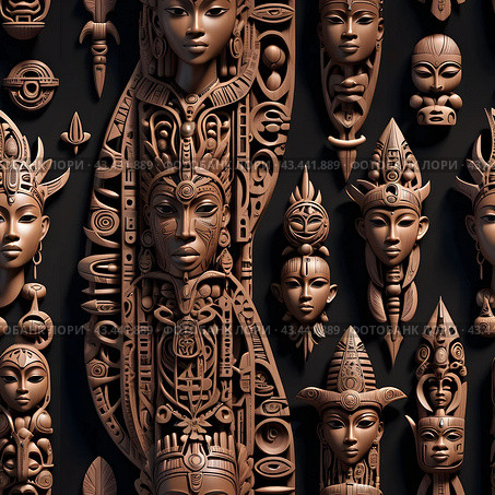 Иллюстрация. Изображение. Бесшовная текстура.Тотемные идолы. Illustration. Image. Seamless texture.Totem idols. Стоковое AI-изображение, AI-художник Гер Олег / Фотобанк Лори