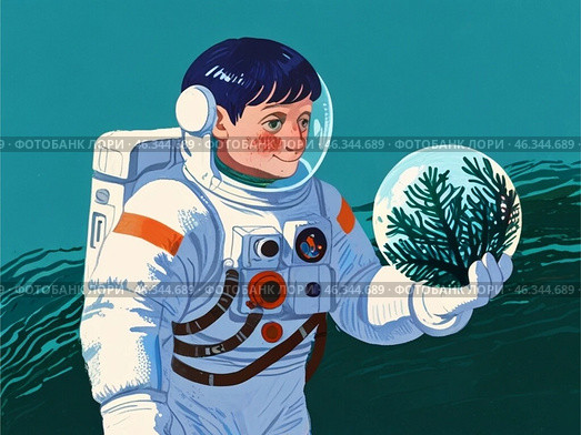 Иллюстрация "Космонавт и жизнь на неизвестной планете" Стоковое AI-изображение, AI-художник ольга скальская / Фотобанк Лори