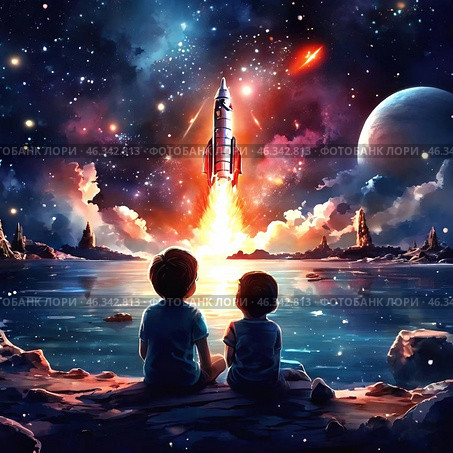 Иллюстрация пейзажа с космическим кораблем и детьми. Стоковое AI-изображение, AI-художник ольга скальская / Фотобанк Лори