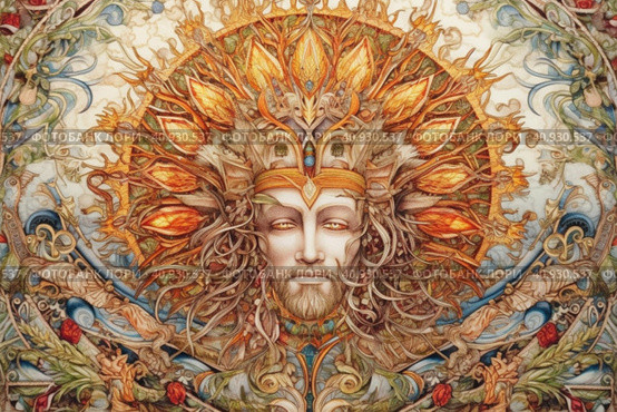 Image of the ancient Slavic pagan god of the sun Yarilo, watercolor style, Generative AI. Стоковое AI-изображение, AI-художник Анна Кривицкая / Фотобанк Лори