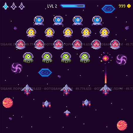 Image shows a classic arcade-style space shooter game level. Alien enemies are arranged in rows with player spaceships ready to attack. Classic pixel art style. Ideal for video games, retro gaming. Retro Pixel Space Shooter Game Level with Aliens and Spaceships in Battle. Стоковая иллюстрация, агентство Ingram Publishing / Фотобанк Лори