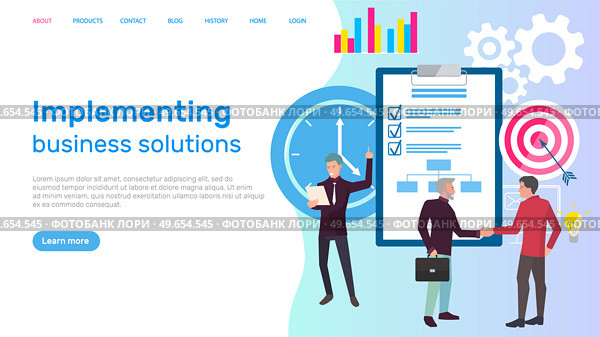 Implementing business solution vector. People working in area of management. Time deadline coping with tasks employee at work, making deal, contract conclusion. Business website landing page template. Implementing business solution website. People work with making deal, contract conclusion, deadline. Стоковая иллюстрация, агентство Ingram Publishing / Фотобанк Лори