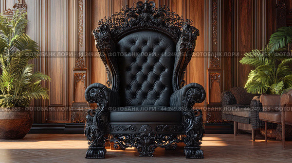 Imposing black sculptured throne sitting in ornate room with wood paneling. Стоковое AI-изображение, AI-художник Юрий Поздников / Фотобанк Лори