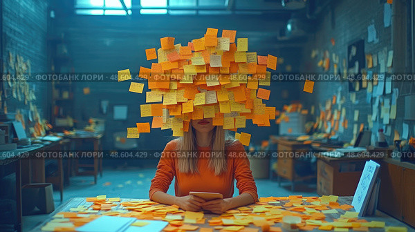 In a cluttered office environment, a woman sits at a desk, overwhelmed by a sea of sticky notes, engaged in organizing her thoughts. Стоковое AI-изображение, AI-художник Данила Большаков / Фотобанк Лори