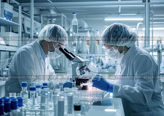 In a high-level secure laboratory, scientists in overalls are conducting research. The chemist prepares the samples. Стоковое AI-изображение, AI-художник Ярославский Максим / Фотобанк Лори