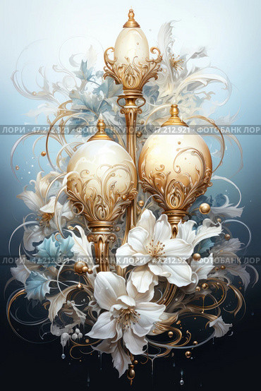 In a luxurious style combining elements of Art Nouveau, Baroque and fantastic art. In the center of the composition are three golden decorative columns crowned with pearl-white spherical domes with exquisite patterns. They resemble royal scepters, architectural elements or fairy-tale lanterns surrounded by ornate golden lines.Around the central elements, graceful white flowers bloom, symbolizing purity and sophistication. Their petals are detailed, as if covered with fragile drops of dew. The composition is complemented by bluish leaves and golden curls, creating an effect of airiness and harmony.The background is made in a gradient of blue and black shades, emphasizing the shine of the golden details. The overall atmosphere of the image combines nobility, grace and a sense of mystical energy, reminiscent of magical objects from myths and legends. Стоковое AI-изображение, AI-художник Анна Кривицкая / Фотобанк Лори