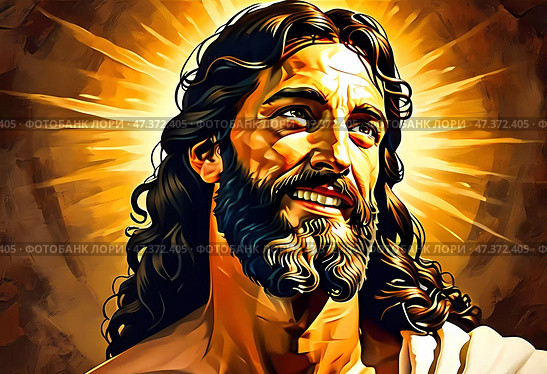 In a moment of joy, a smiling Jesus Christ radiates warmth and compassion, with a golden glow illuminating his face, symbolizing hope and divine love in a peaceful setting Generative AI. Стоковое AI-изображение, AI-художник Юлия Петровская / Фотобанк Лори