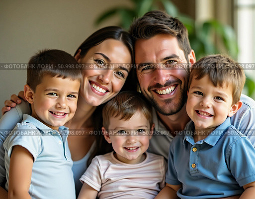 In a warm and inviting living room, a happy family gathers together, showcasing their love and connection through bright smiles and playful poses Generative AI. Стоковое AI-изображение, AI-художник Юлия Петровская / Фотобанк Лори