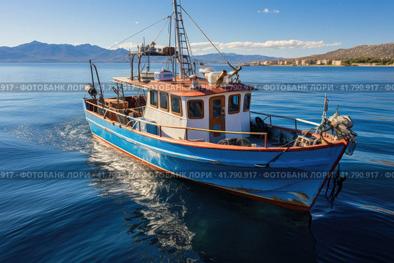 In Search of Fish: Fishing Boat on the High Seas. Стоковое AI-изображение, AI-художник Юрий Поздников / Фотобанк Лори
