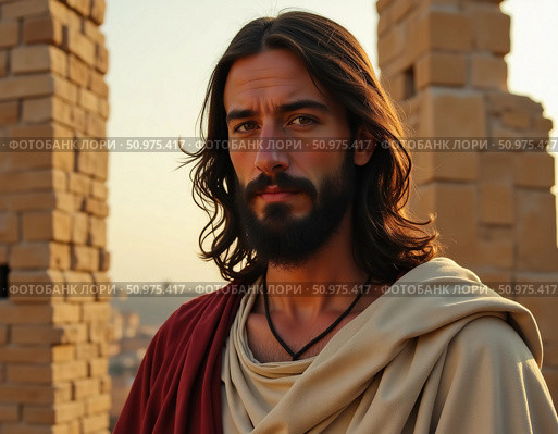 In the golden light of sunset, a figure resembling Christ Jesus stands confidently amidst the ruins of Jerusalem, embodying peace and wisdom as shadows dance around him Generative AI. Стоковое AI-изображение, AI-художник Юлия Петровская / Фотобанк Лори