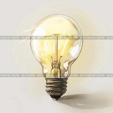 Incandescent light bulb on a light background. The tungsten filament, glass cylinder and lamp base are visible,    Generative AI. Стоковое AI-изображение, AI-художник Анна Кривицкая / Фотобанк Лори