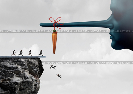 Incentive trap and corrupt leader business concept as a group of people running towards a carrot tied to a liar nose only to have been tricked and fooled into fall off a cliff as a metaphor for entrapment or bait trapping in a risky economy. Стоковое фото, агентство Ingram Publishing / Фотобанк Лори