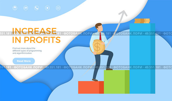 Increase in profit web page sample, businessman going on top, financial income. Landing page with company leader achieving best results. Man on peak of success. Increase in Profit Web Page Sample Businessman Top. Стоковая иллюстрация, агентство Ingram Publishing / Фотобанк Лори