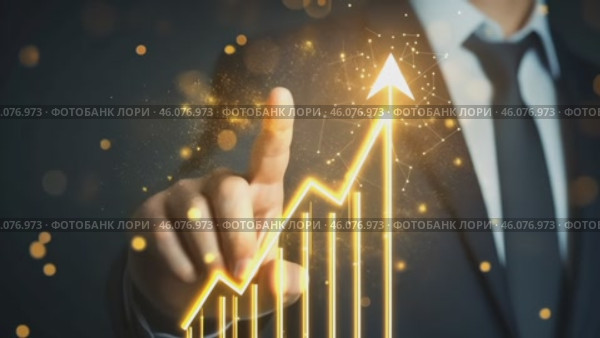Increased profits. Benchmarking. Businessman analyzes profitability of working companies with digital augmented reality graphics, positive indicators, growing up graph and charts, colorful arrows. Стоковое AI-видео, аниматор Марина Демидюк / Фотобанк Лори