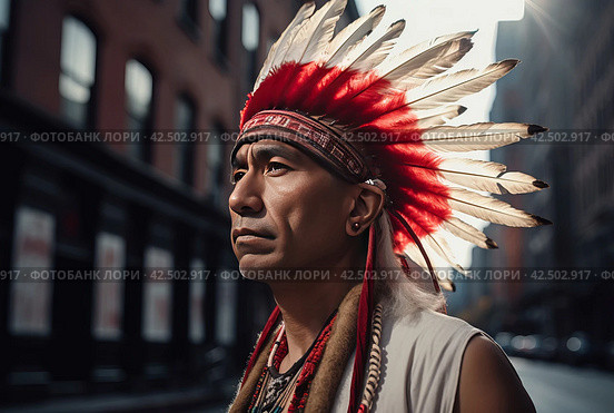 Indian chief portrait on city street. Generate ai. Стоковое AI-изображение, AI-художник Иван Рябоконь / Фотобанк Лори
