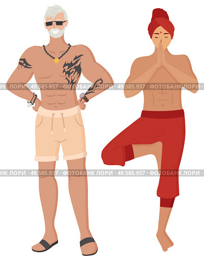 Indian man posing, yoga technology, smiling fit male with tattoos on body. People ethnicity, meditate and posing person, human character standing vector. Fit People, Indian Man, Male with Tattoos Vector. Стоковая иллюстрация, агентство Ingram Publishing / Фотобанк Лори