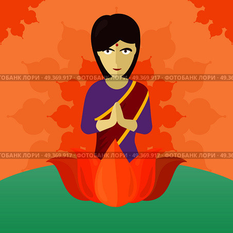 Indian woman isolated on round ornate mandala. Indian girl with crossed hands in colorful robe. Lady from India in national yoga standing behind abstract lotus flower. Vector illustration. Indian Woman Isolated on Round ornate Mandala. Стоковая иллюстрация, агентство Ingram Publishing / Фотобанк Лори