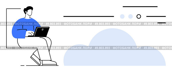 Individual sitting with laptop, interacting with cloud icon. Ideal for tech, cloud storage, remote work, online collaboration, digital security, virtual teams, internet accessibility. Line metaphor. Person Using Laptop for Cloud Computing, Emphasizing Digital Data Storage and Online Work. Стоковая иллюстрация, агентство Ingram Publishing / Фотобанк Лори