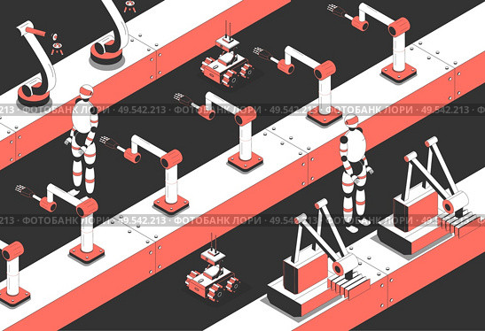Industrial intelligent manufacturing isometric composition with assembly line autonomous programmed humanoids and remote controlled robots vector illustration. Стоковая иллюстрация, агентство Ingram Publishing / Фотобанк Лори