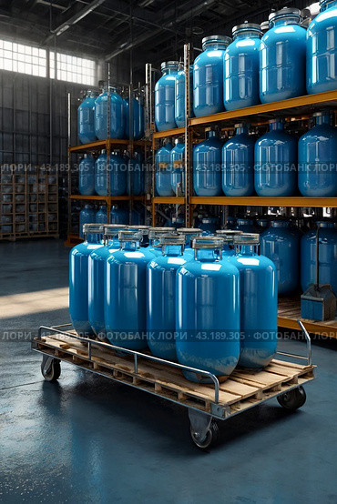 Industrial interior of warehouse storage of chemical liquids on racks and trolley. Liquid blue package storage in warehouse. Concept of industry warehousing and stored of goods. Copy ad text space. Стоковое AI-изображение, AI-художник Aleksandr Golubev / Фотобанк Лори