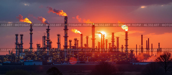 Индустриальный нефтеперерабатывающий завод на закате с выбросами дыма и огня. Стоковое AI-изображение, AI-художник Anna Leeva / Фотобанк Лори