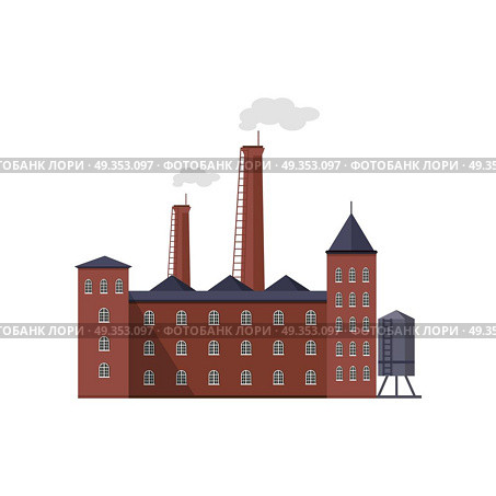 Industry Manufactory Building Isolated on White.. Industry manufactory building icon. Factory producing oil and gas, metals and rubber, energy and power. Nuclear manufacturing station making smoke and air pollution. Destroying nature. Vector. Стоковая иллюстрация, агентство Ingram Publishing / Фотобанк Лори