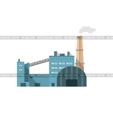 Industry Manufactory Building Isolated on White. Industry manufactory building icon. Factory producing oil and gas, metals and rubber, energy and power. Nuclear manufacturing station making smoke and air pollution. Destroying nature. Vector. Стоковая иллюстрация, агентство Ingram Publishing / Фотобанк Лори