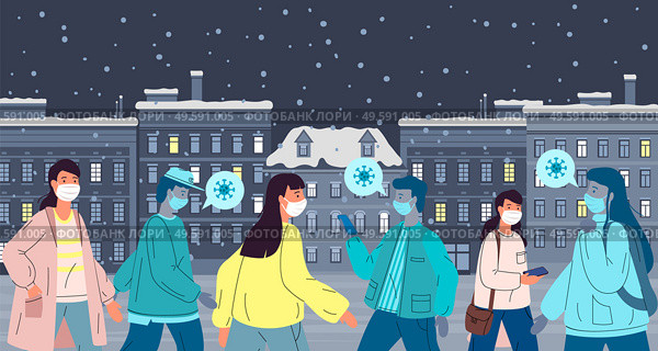 Infected people break rules and dont adhere to quarantine and self-isolation in city. Unhealthy man and woman wear face medical mask spread the virus through other people. Concept of coronavirus 2019. Infected virus people in mask spread bacterias in the crowd of people, break rules of self-isolation. Стоковая иллюстрация, агентство Ingram Publishing / Фотобанк Лори
