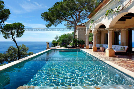 Infinity pool overlooking mediterranean sea at luxury villa. Стоковое AI-изображение, AI-художник Иван Рябоконь / Фотобанк Лори