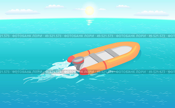 Inflatable rescue boat sailing in deep blue waters living trace. Safety rubber sailboat, transportation vehicle at sos situations, motor rowing craft vector. Inflatable Rescue Boat Sailing in Deep Blue Waters. Стоковая иллюстрация, агентство Ingram Publishing / Фотобанк Лори