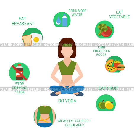 Infographics of main tips for losing weight with woman that doing yoga exercises surrounded healthy eating tips icons. Стоковая иллюстрация, агентство Ingram Publishing / Фотобанк Лори