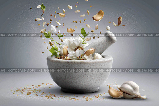 Ingredients in flight with mortar and pestle during food preparation. Ингредиенты в полете со ступкой и пестиком во время приготовления пищи. Стоковое AI-изображение, AI-художник Katsiaryna Repich / Фотобанк Лори