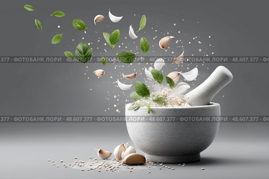 Ingredients in flight with mortar and pestle during food preparation. Ингредиенты в полете со ступкой и пестиком во время приготовления пищи. Стоковое AI-изображение, AI-художник Katsiaryna Repich / Фотобанк Лори